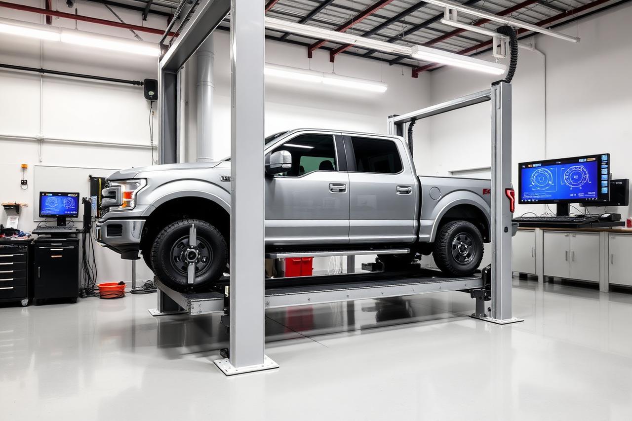 Computerized wheel alignment rack with a pickup truck and alignment targets at NCW Tires in Escondido, CA