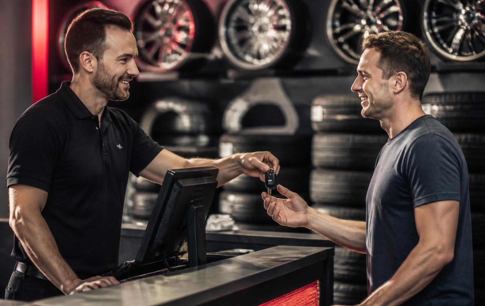 NCW Tires service advisor handing keys back to a customer in Escondido, CA