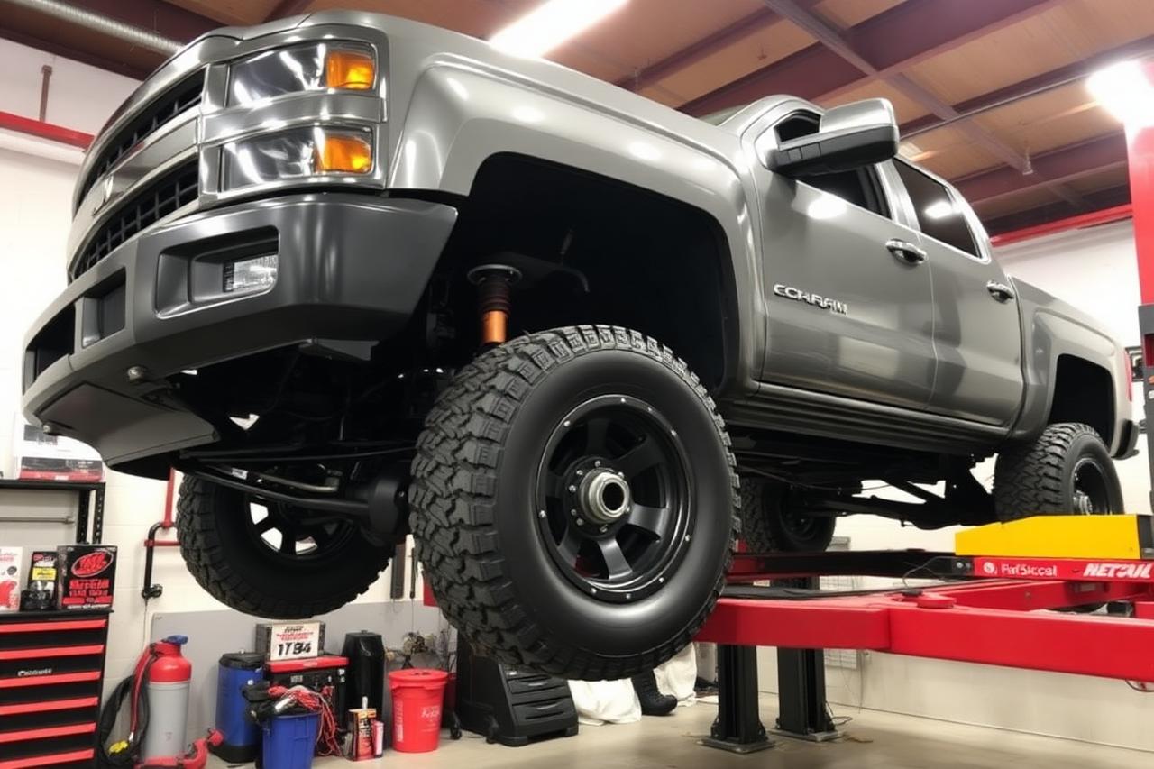 Lifted pickup truck on a shop lift with new suspension components at NCW Tires in Escondido, CA