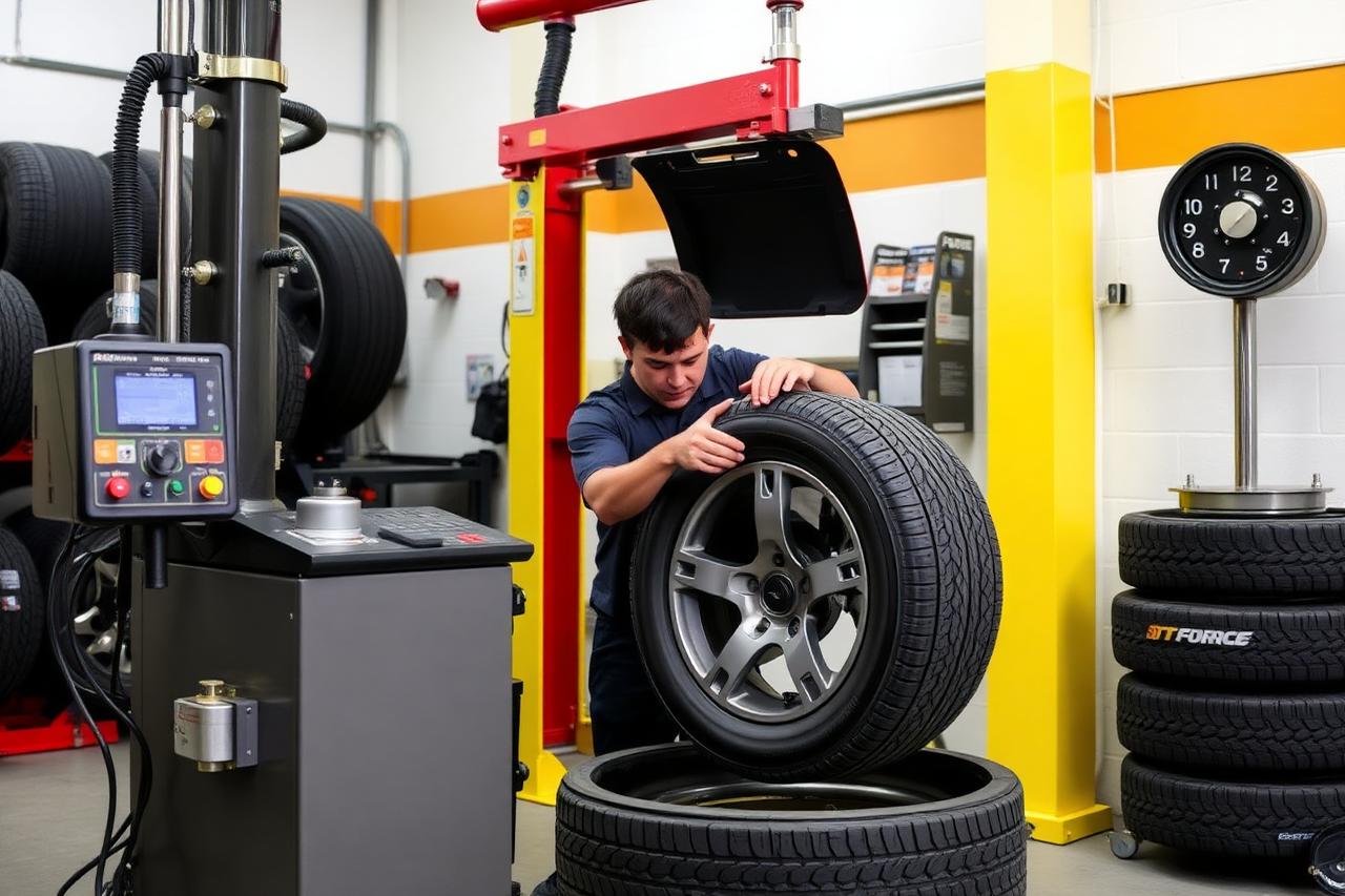 Technician mounting a tire on an alloy wheel with a professional tire changer at NCW Tires in Escondido, CA