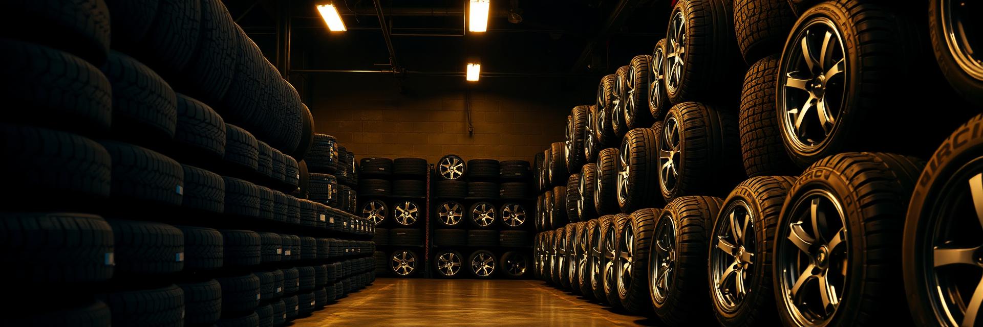 Rows of new tires and mounted alloy wheels in stock at NCW Tires in Escondido, CA